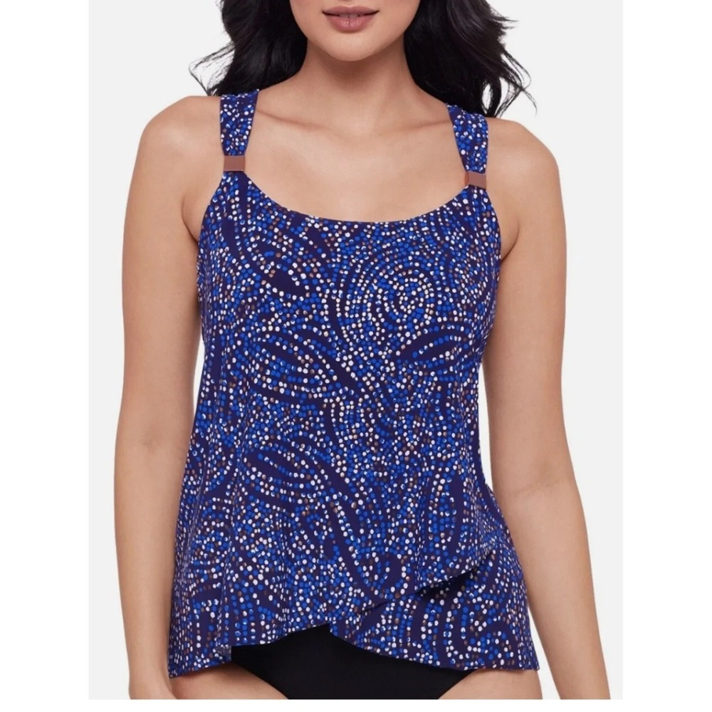 NWT Miraclesuit Dazzle Tankini Top Size 8 Plum Multi Dot Underwire Slimming